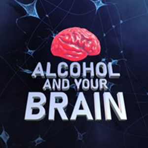 Illustrated pink brain with text that reads: Alcohol and Your Brain.