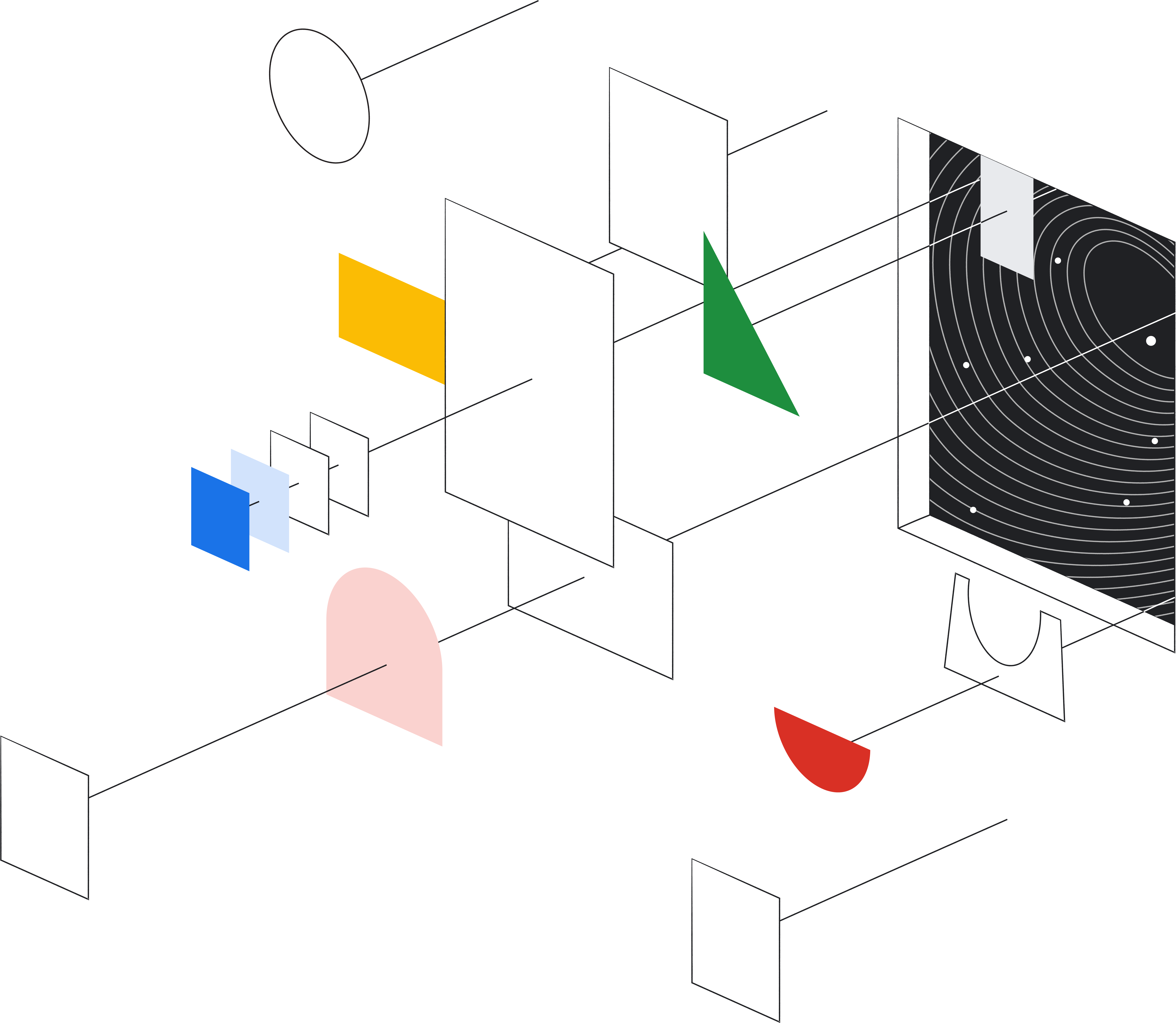 An illustration of colorful shapes and white squares being connected