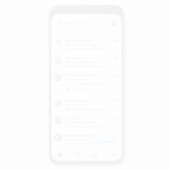 An animation showing someone entering "in:anywhere a" in the search bar in the Gmail mobile app. After tapping "in:anywhere a," a list of results appear.