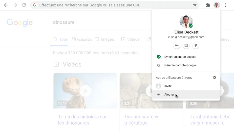 Fen&ecirc;tre du navigateur Chrome avec la bo&icirc;te de dialogue du profil ouvert.