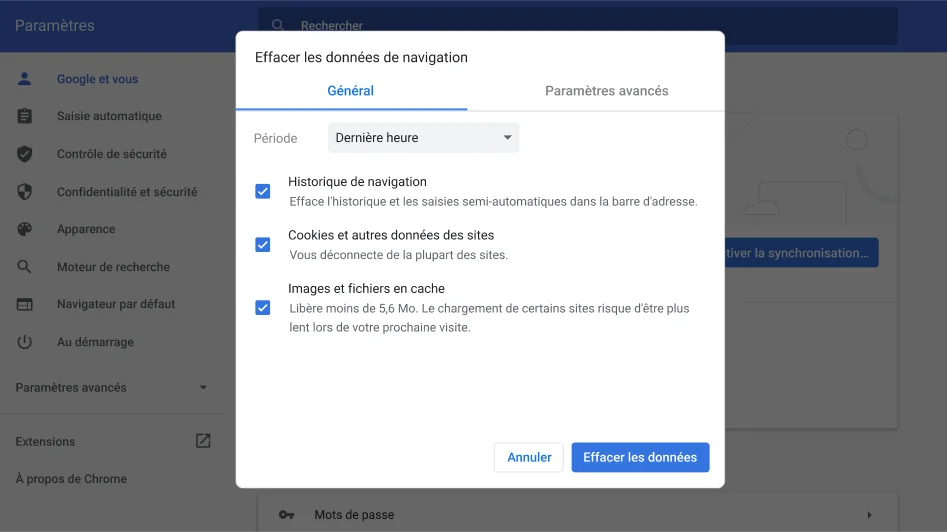 Fen&ecirc;tre des param&egrave;tres du navigateur Chrome affichant le menu d'options 