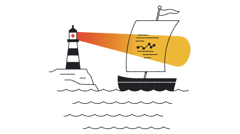 lighthouse shining light on sail of ship with data pattern