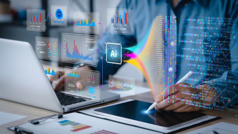 person working on computer with visualization of charts and bars