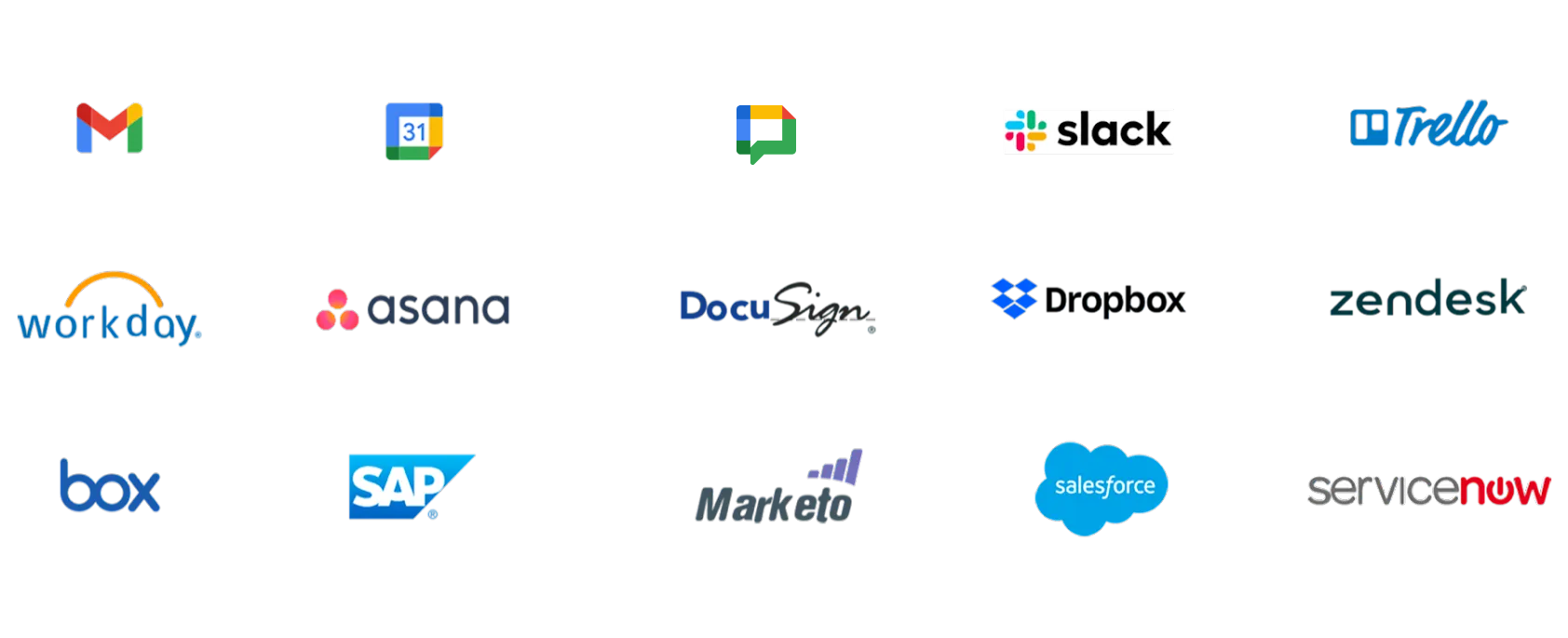Multiple product logos such as Gmail, Google Calendar, Google Chat, Slack, Trello, Workday, Asana, Docusign, Dropbox